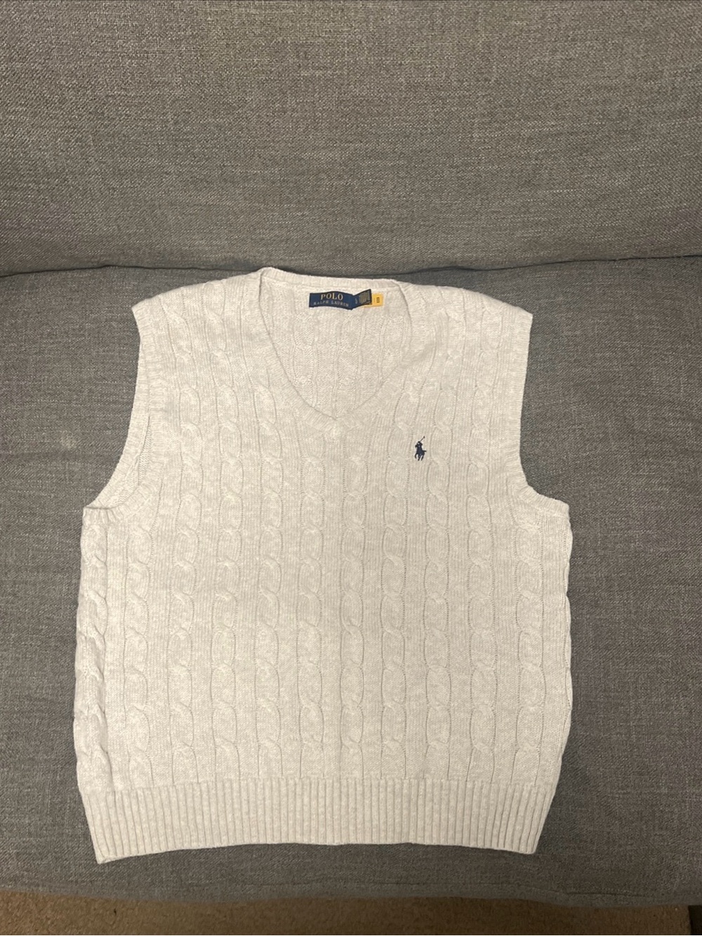 Ralph Lauren Light Gray/Cream Cable Knit V-Neck Sweater Vest with Navy Polo Logo